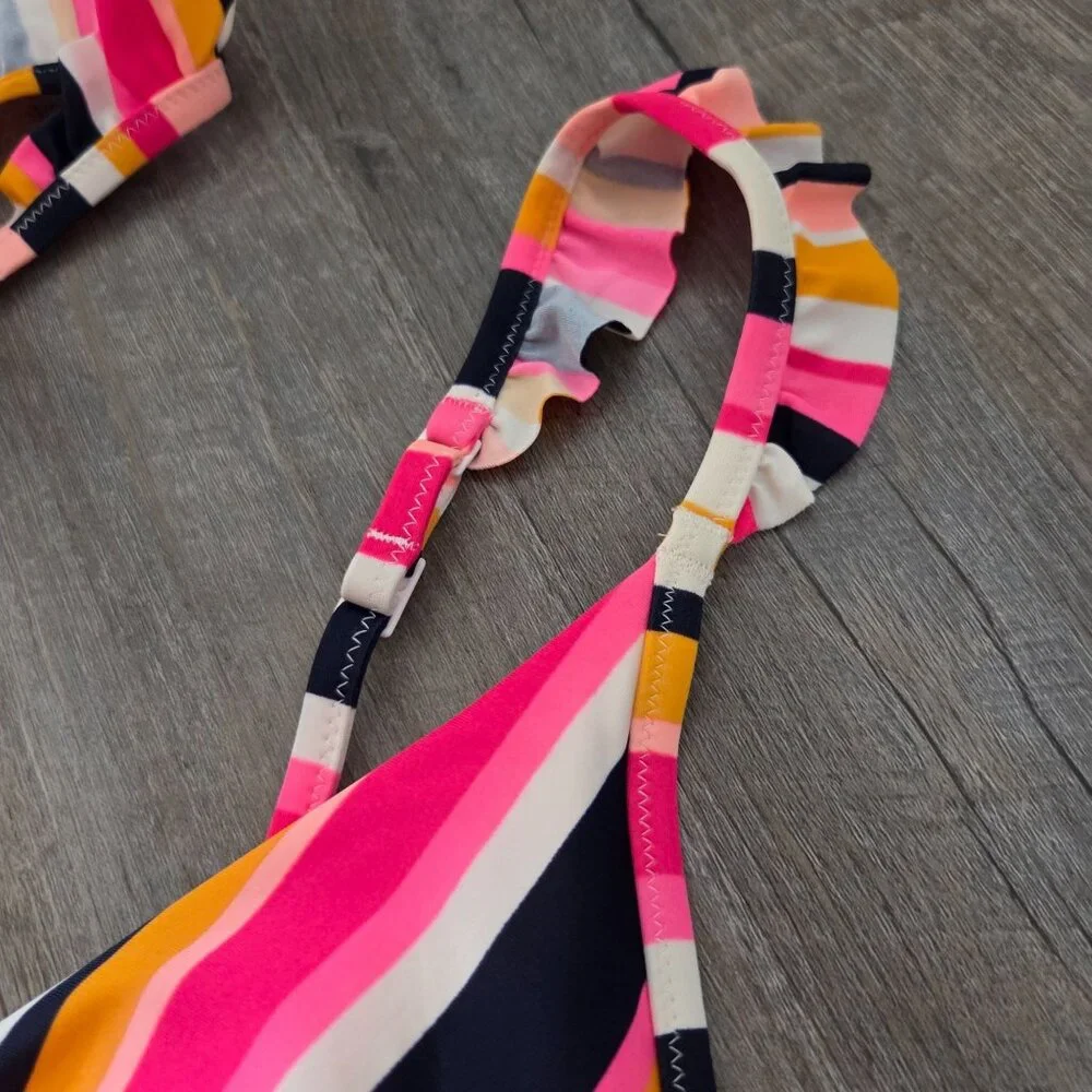 Aerie US Size S Striped Triangle Bikini Top Adjustable Ruffled Straps Rainbow
